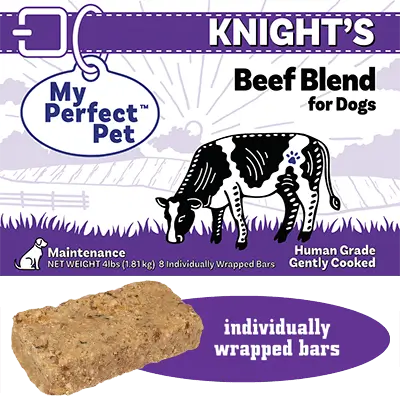 Knight's Beef Blend for Dogs, by My Perfect Pet (package side) with Individually Wrapped Bars